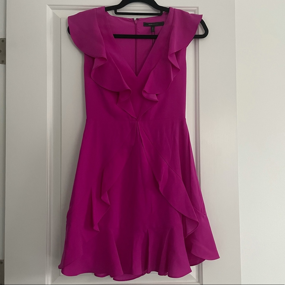 BCBG Magenta Crisscross Ruffle Dress